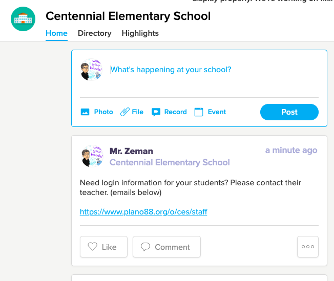 sample Class Dojo post for Centennial Elementary
