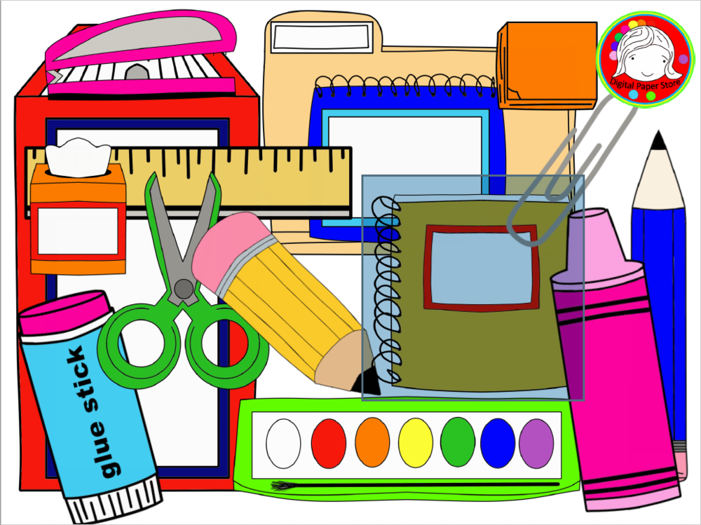 Colorful graphic of various school supplies