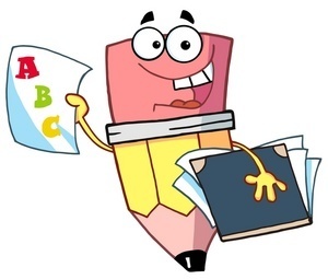 Graphic of cartoon pencil holding paper and a book