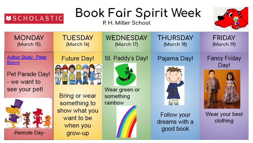 Book Fair Spirit Week Monday 3/15-Friday 3/19
