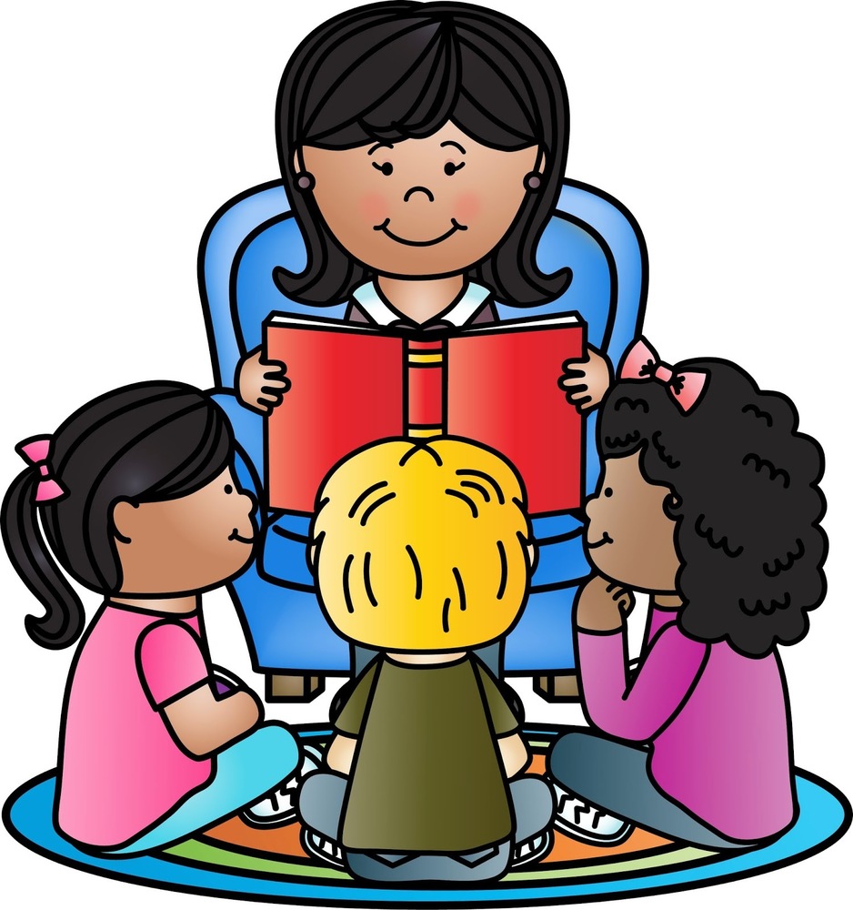 Graphic of a female teacher reading two girls and one boy sitting on a rug