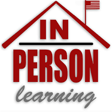 Red roof, red flag, and the words 'In Person learning'
