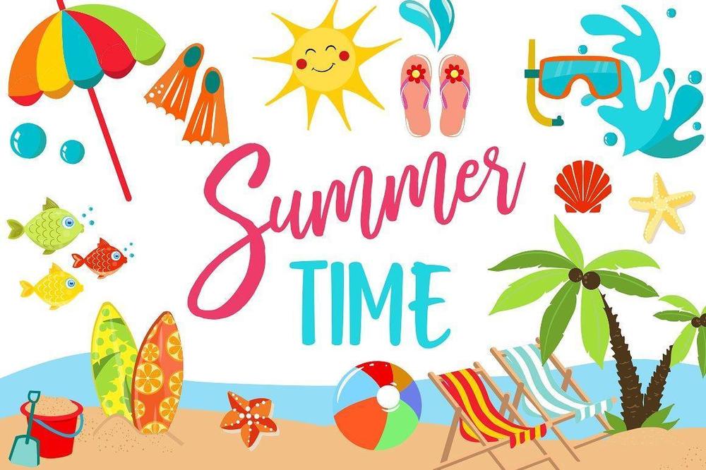 Colorful graphic of the beach, fish, a beach umbrella, sand, ocean, palm trees with the words 'Summer Time'