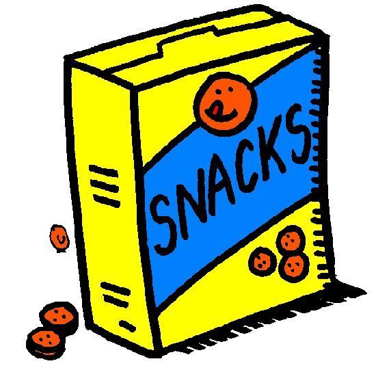 Yellow box with blue banner that says 'snacks' and red smiley faces on the box cover