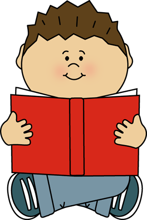 Graphic of a boy sitting with his legs crossed, reading a red book.