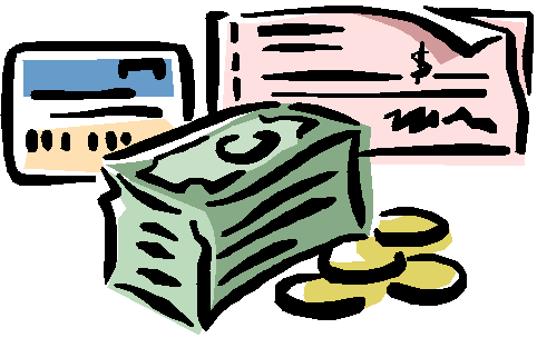 Cartoon graphic of a credit card, check, stack of dollars and golden coins