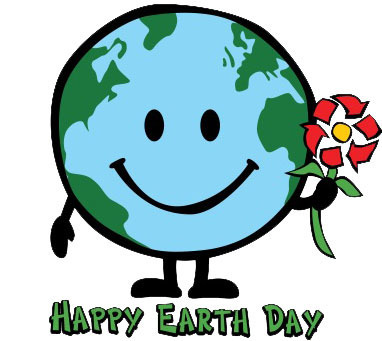 Cartoon earth with smiley face, holding a flower with red recycling symbol and the words 'Happy Earth Day'