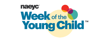 NAEYC graphic that has the words 'Week of the Young Child' printed over a yellow circle with two red and one blue circle touching it.