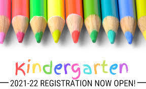 Colored pencils above a rainbow word "Kindergarten" 2021-22 Regisration Now Open