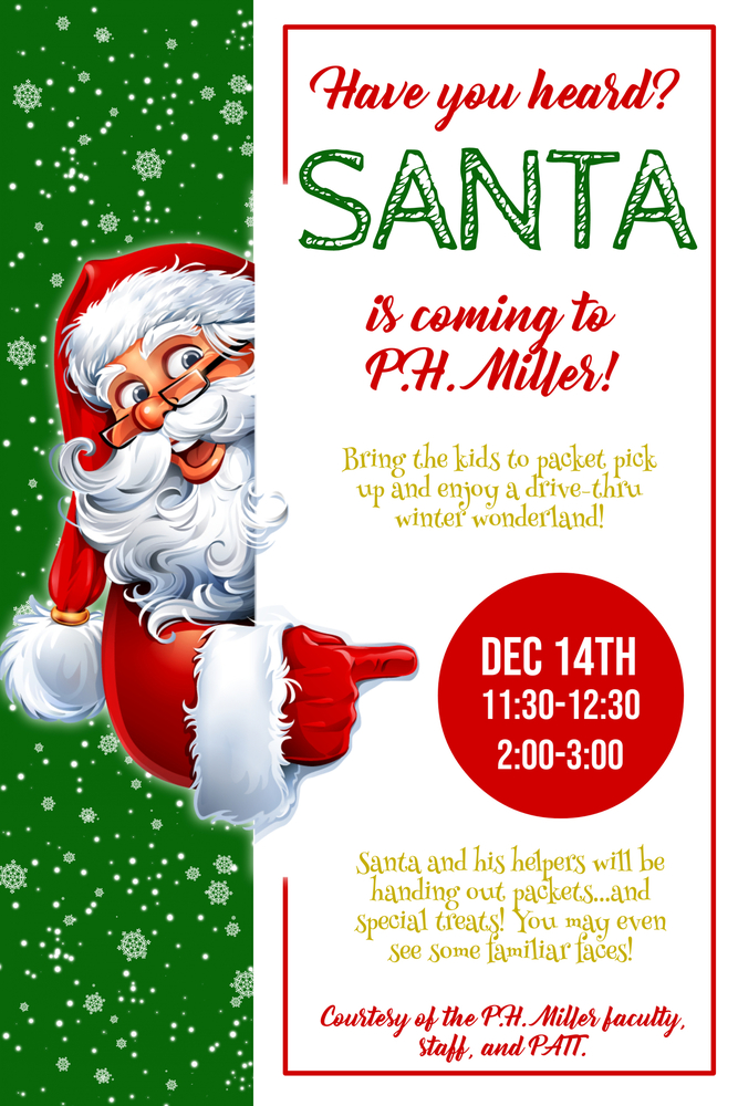 Santa looking around the door and pointing to a red dot with a date