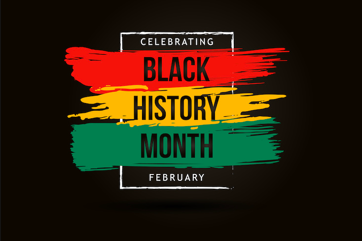Black Background with red, yellow, green horizontal paint brushstrokes saying Celebrating Black History Month February 