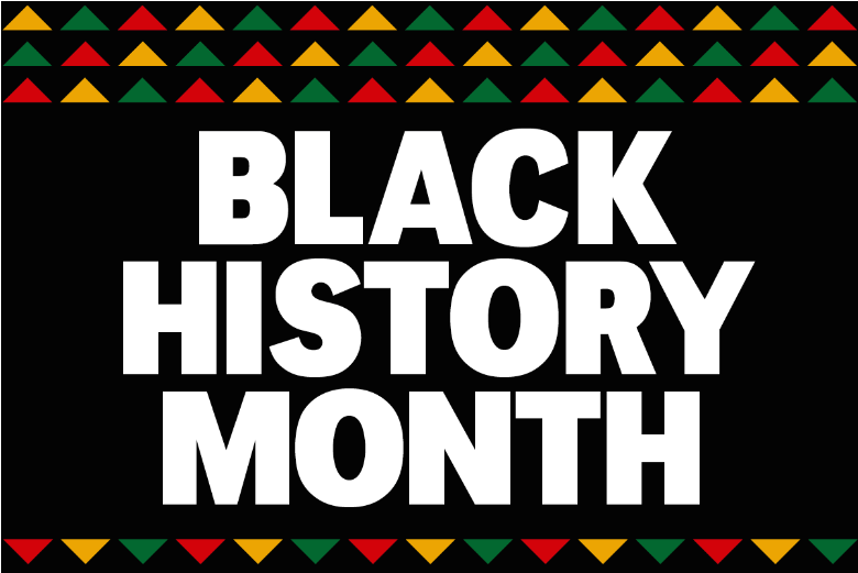 Black History Month with black background and red, yellow, and green triangles around the top and bottom border