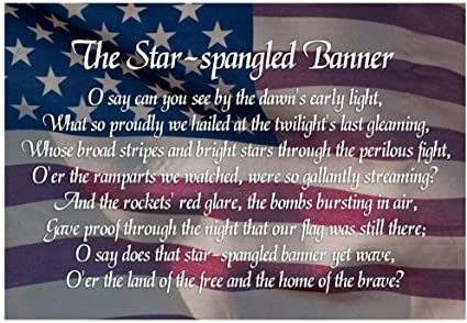 Lyrics to the Star Spangled Banner printed over a flag