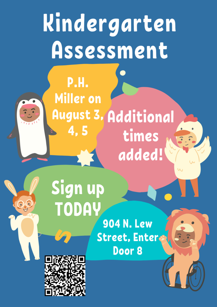 Cartoon animals with bubbles announcing kindergarten assessment date, location and QR code with link to sign up