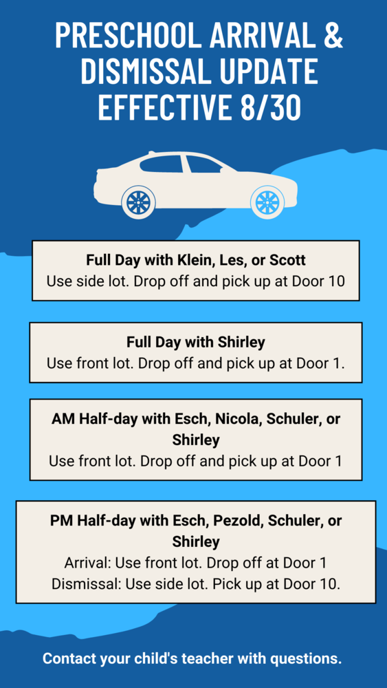 Blue flyer with car and instructions for preschool arrival and dismissal