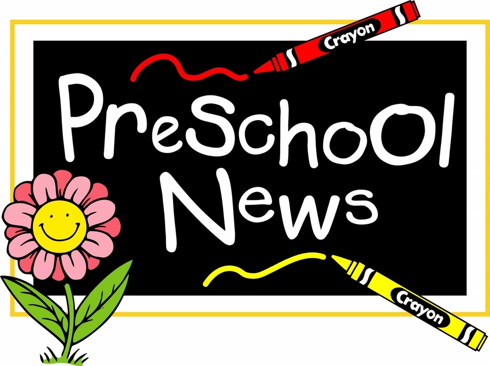 Flower and chalkboard with words 'preschool news'