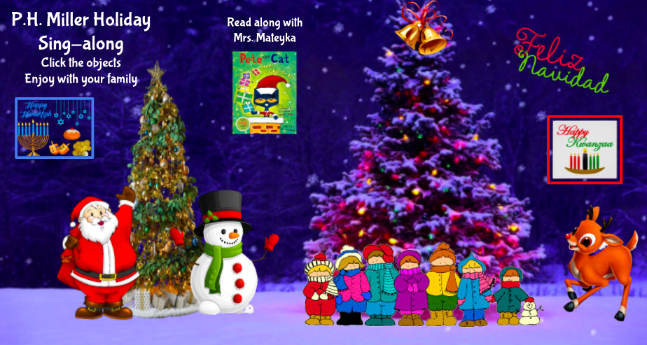 Christmas slides with tree, santa, snowman, carolers, reindeer