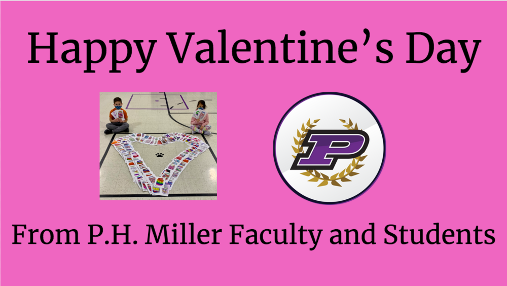 Pink background with photo of 2 kids sitting on floor near heart made of cards and Plano Logo Happy Valentine's Day from P.H. Miller Faculty and Students