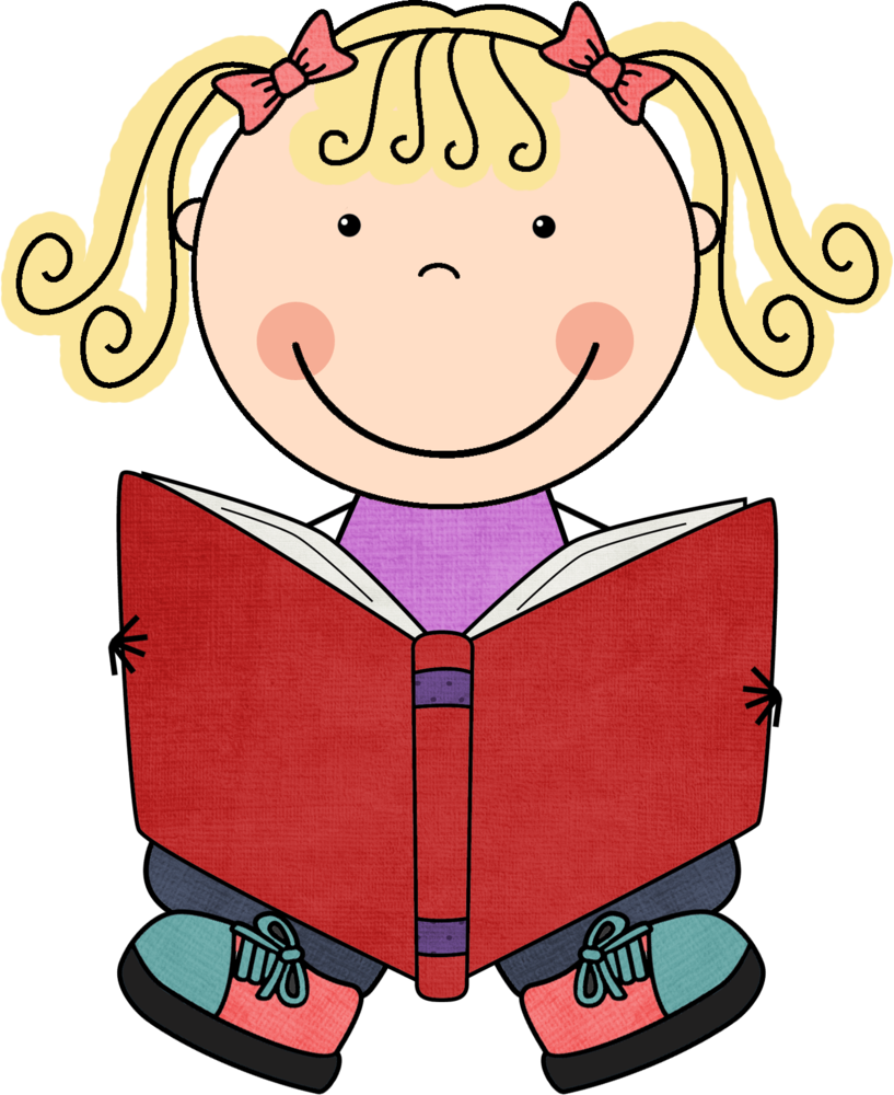 Little girl with blonde pigtails, smiling and holding a red book to read aloud