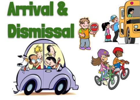 Cartoon bus, car, bikes with cartoon boys and girls and the words 'arrival and dismissal'