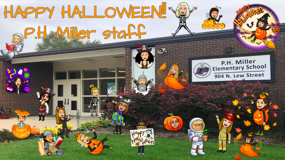 Picture of school with several Halloween Bitmojis