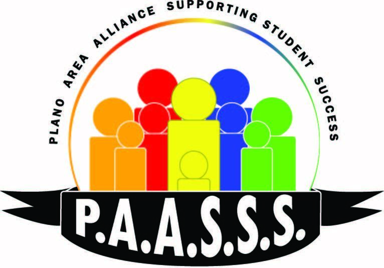 Logo of five nondescript adults and five nondescript children in rainbow colors with the words Plano Area Alliance Supporting Student Success and the acronym P.A.A.S.S.S on a black banner