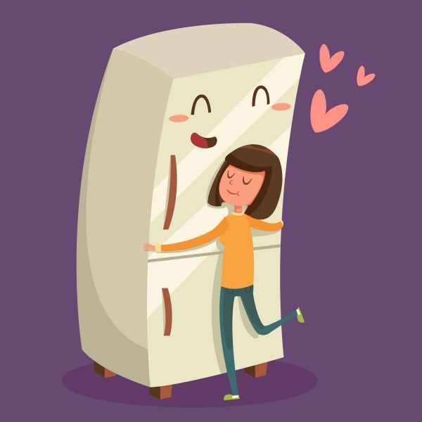 Girl hugging happy refrigerator
