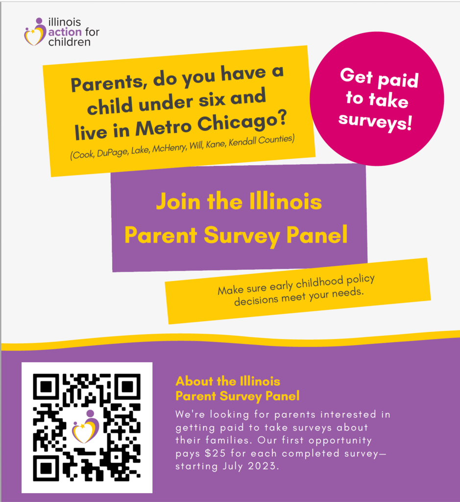 Yellow purple text boxes with Illinois Action for Children survey information. 