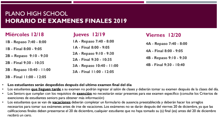 Final Exam Schedule (Spanish)