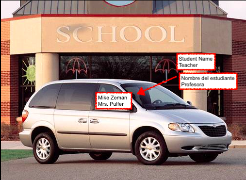 example of car sign to bring (Student Name and Teacher Name)